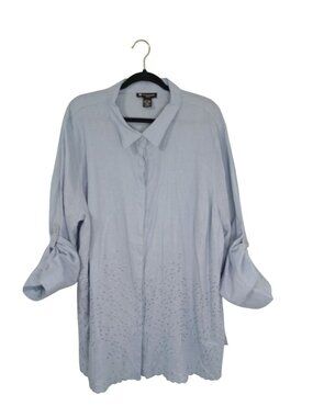 Valerie Bertinelli 3X Linen Blend Tunic Embroidered Eyelet Hem Roll-Tab Sleeves